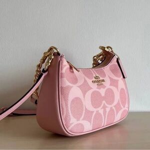Coach Pink Signature Canvas Shoulder Bag with Gold Hardware